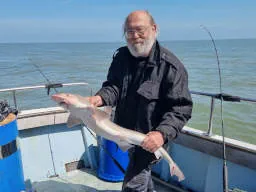 An Angler holding up Starry Smooth-Hound