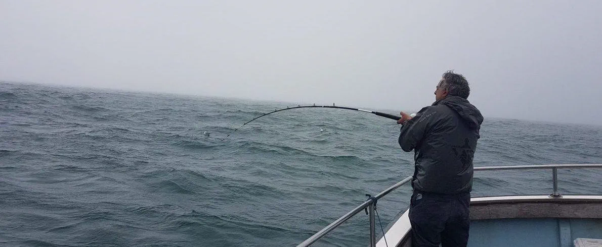 an angler with rod bent into a Tope